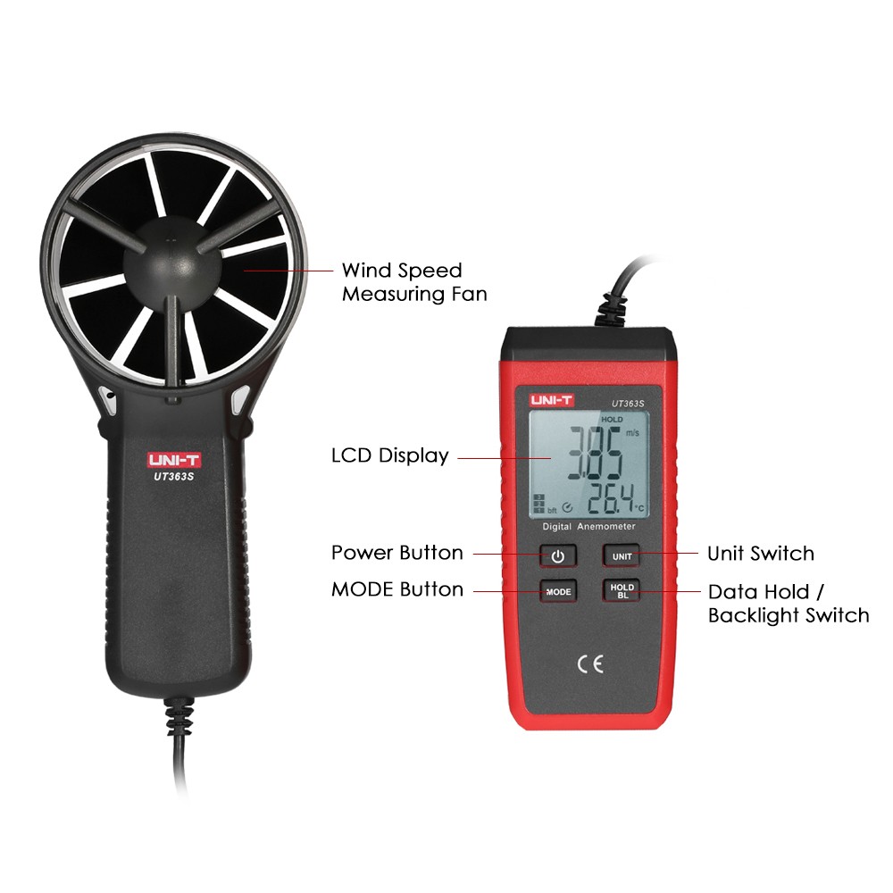 2- UT363S Mini LCD Digital Anemometer Handheld Wind Speed Meter Air