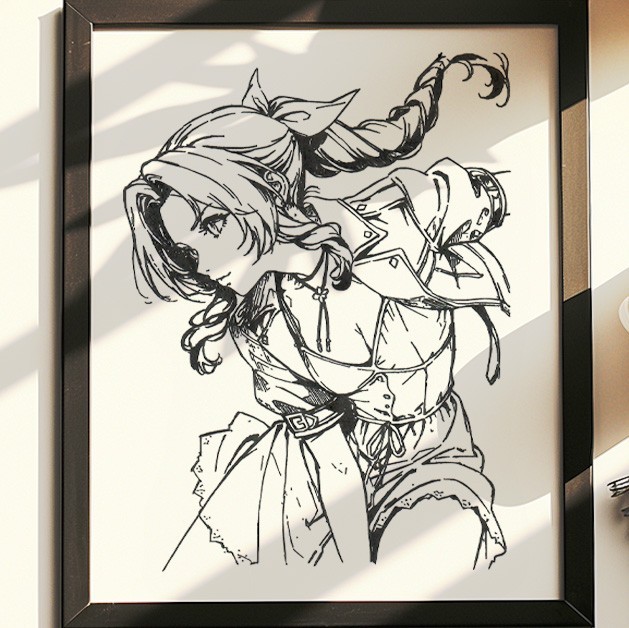 Hand Drawn (Not a Print) Final Fantasy Aerith Framed Pen and Ink Art Drawing