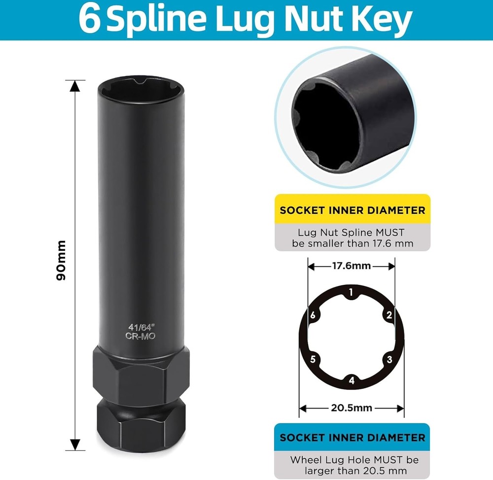 2 Piece 6 & 7 Spline Lug Nut Key Socket Wheel Lock Removal Tool Kit