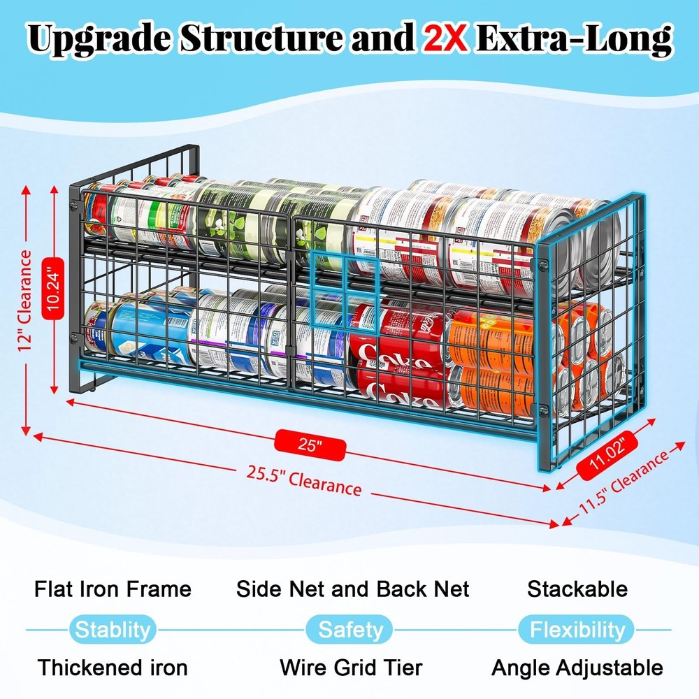 2Tier Stackable Can Rack Organizer for Pantry Shelf, LongSize Adjustable Can ...