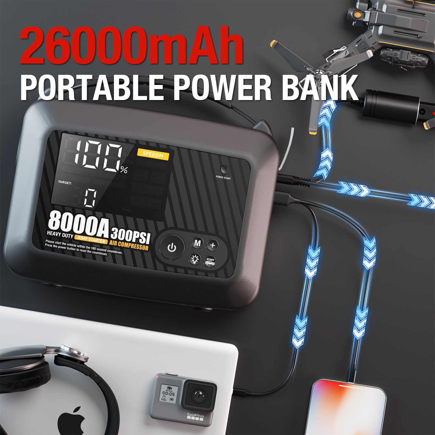 Truck Heavy Duty 8000A Jump Starter with Air Compressor Power Bank Battery Safe