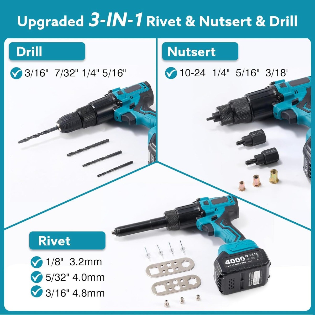 Seesii Cordless Rivet Gun Tool, 21V Electric Automatic Rivet & Rivet Nut Tool