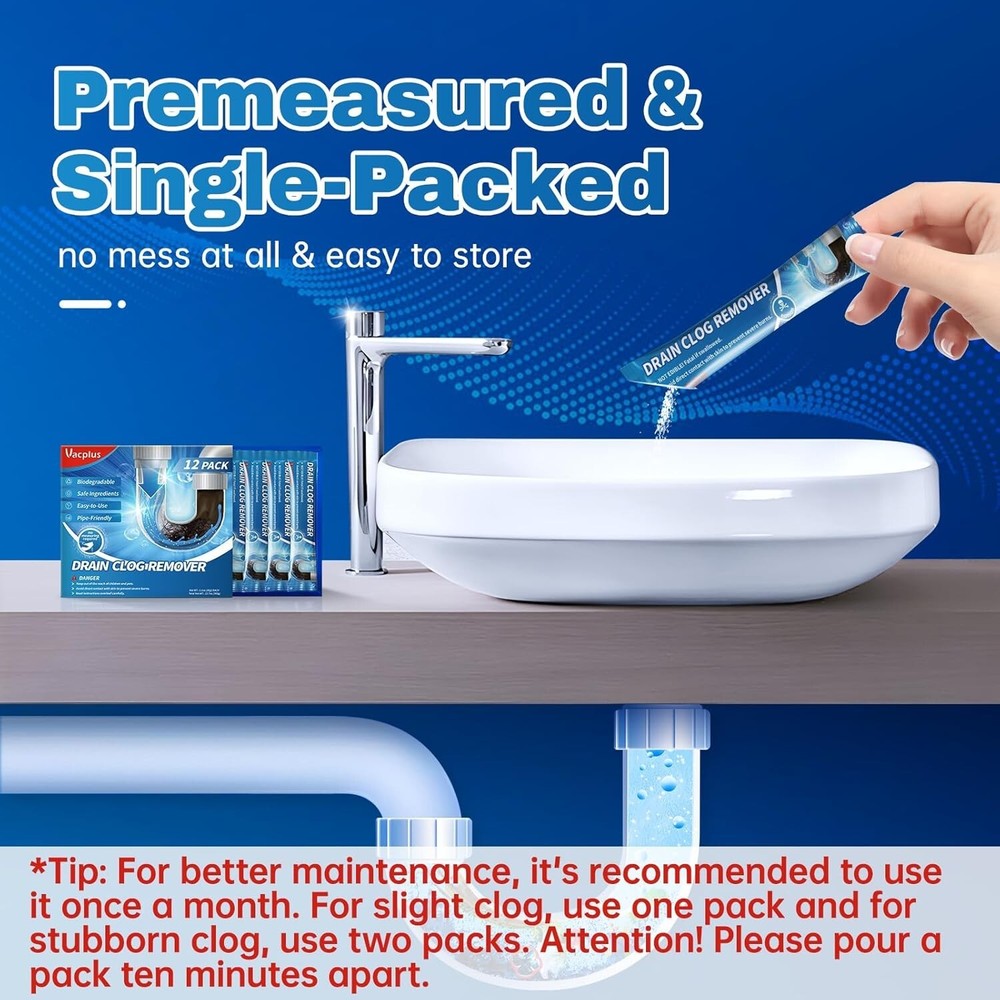 Vacplus Drain Clog Remover | 18-Pack Powerful Sink Cleaner & Deodorizer