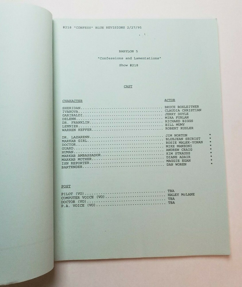 BABYLON 5 / J. Michael Straczynski 1995 TV Script "Confessions and Lamentations"