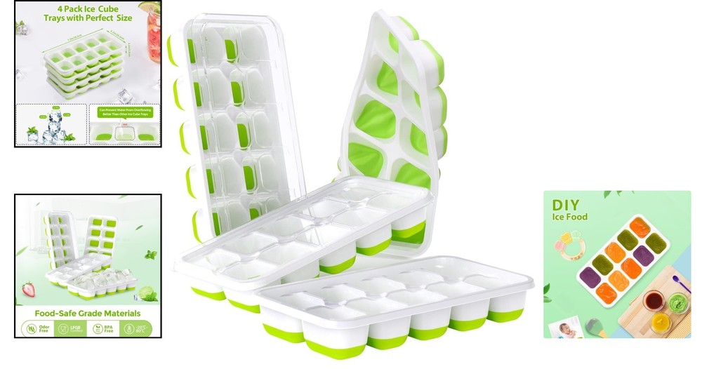4-Pack Stackable Silicone Ice Cube Trays with Lids - BPA Free & Dishwasher Safe