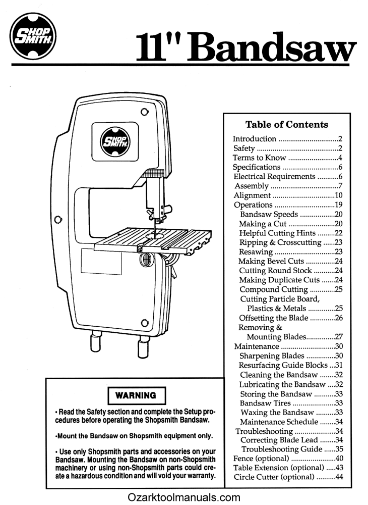 SHOPSMITH 11" Bandsaw Attachment Owner's, Instructions Manual for Mark V 1417
