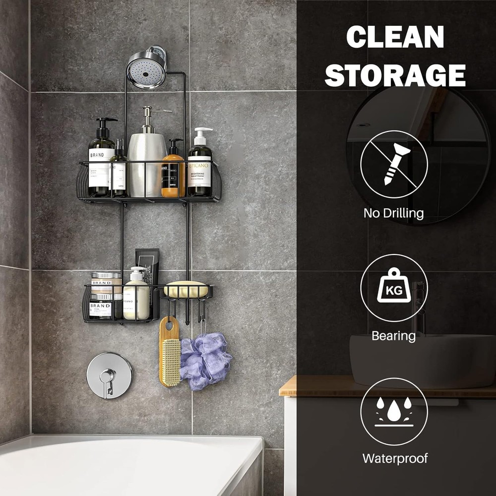 Matte Black Overhead Shower Caddy - Rustproof, Easy Install, 40LB Capacity