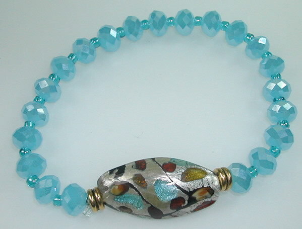 Turquoise Crystal & Seed Bead Stretch Bracelet & Lampwork Handmade