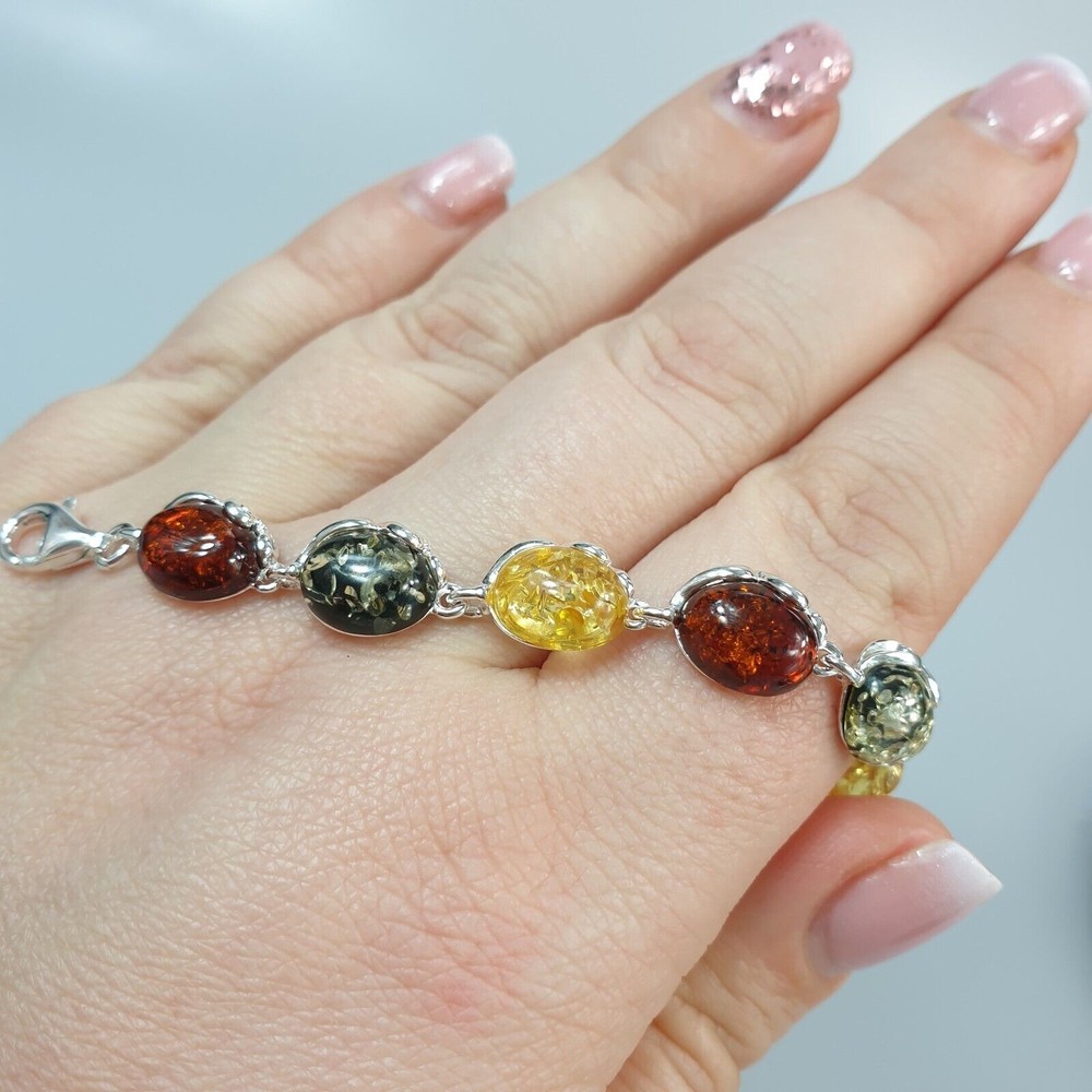 Multicolored Amber Bracelet Silver 925 Adjustable Large Handmade Gifts