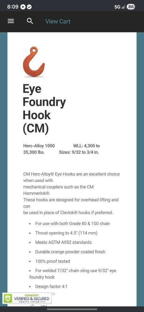 3/4" Eye Foundry Hook CM WLL5.4T