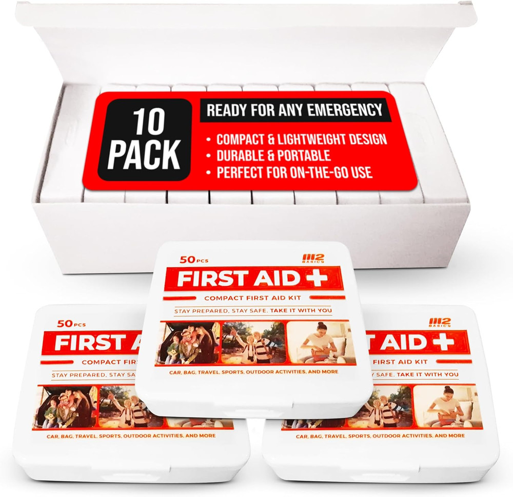 M2 BASICS Bulk 10-Pack Mini First Aid Kit Bundle (500 Pieces Total, 50 Pieces Pe