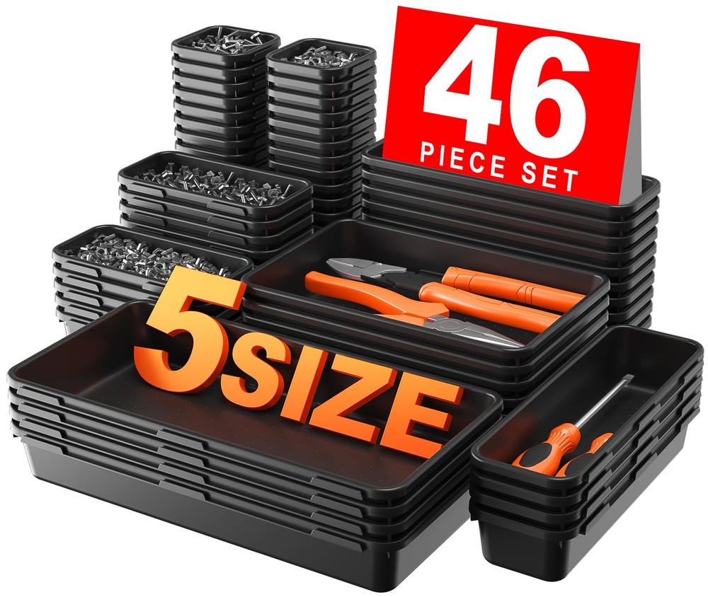 【𝟰𝟲𝗣𝗖𝗦 & 5 Size Tool Box Organizer Tray Divider Set, 【Black】 Bathroom Dr...
