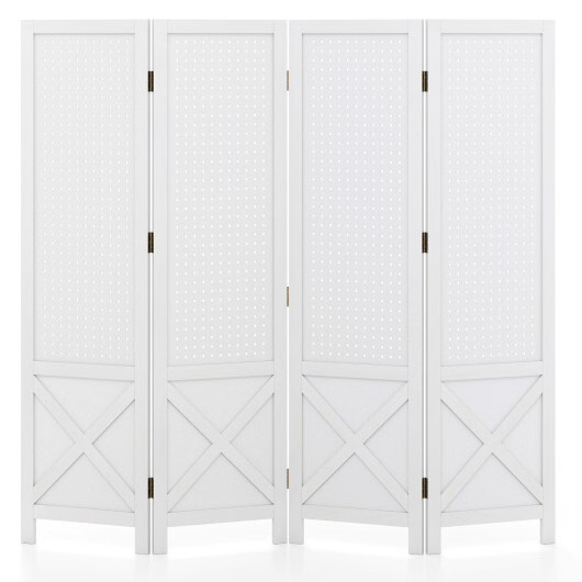 4-Panel Pegboard Display Stand Folding Room Divider with Solid Wood Frame-White