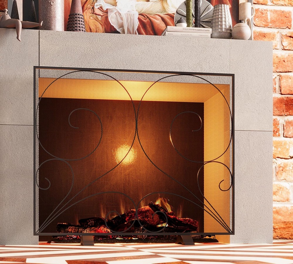 Single Panel Fireplace Screen Handcrafted Solid Wrought Iron Mesh Heat-Resistant