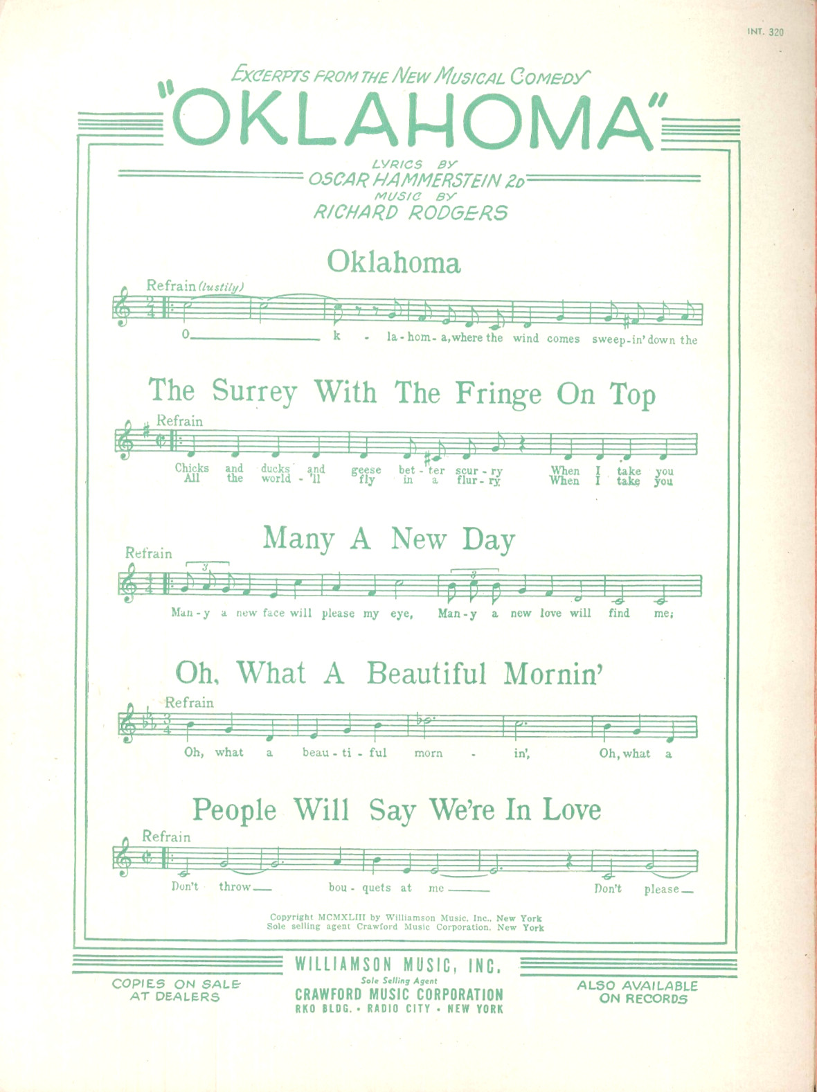 Oh What A Beautiful Mornin' Sheet Music Piano Voice Guitar Ukulele 1953 Oklahoma