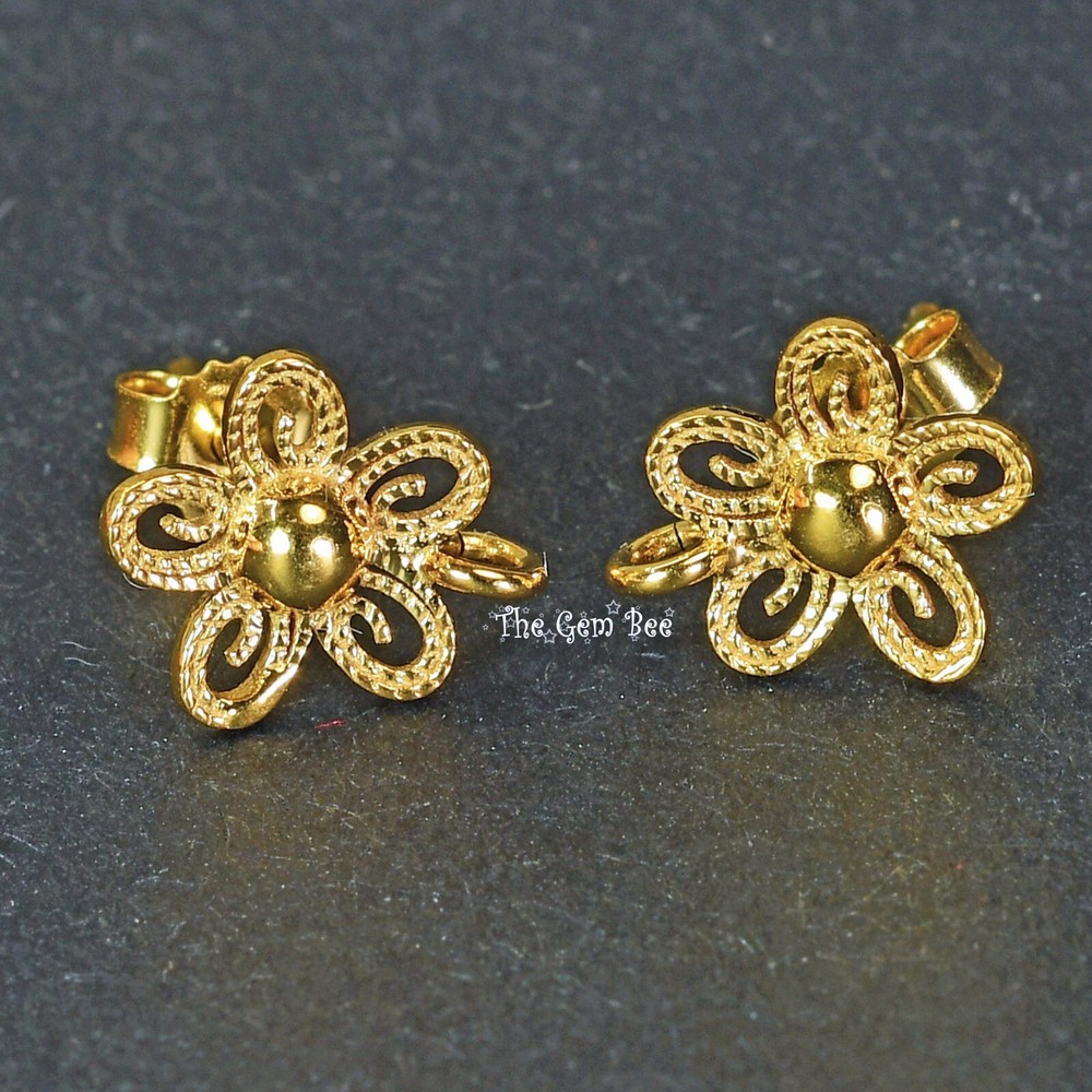 18k Solid Yellow Gold Filigree Fancy Flower Ear Posts With Backs PAIR