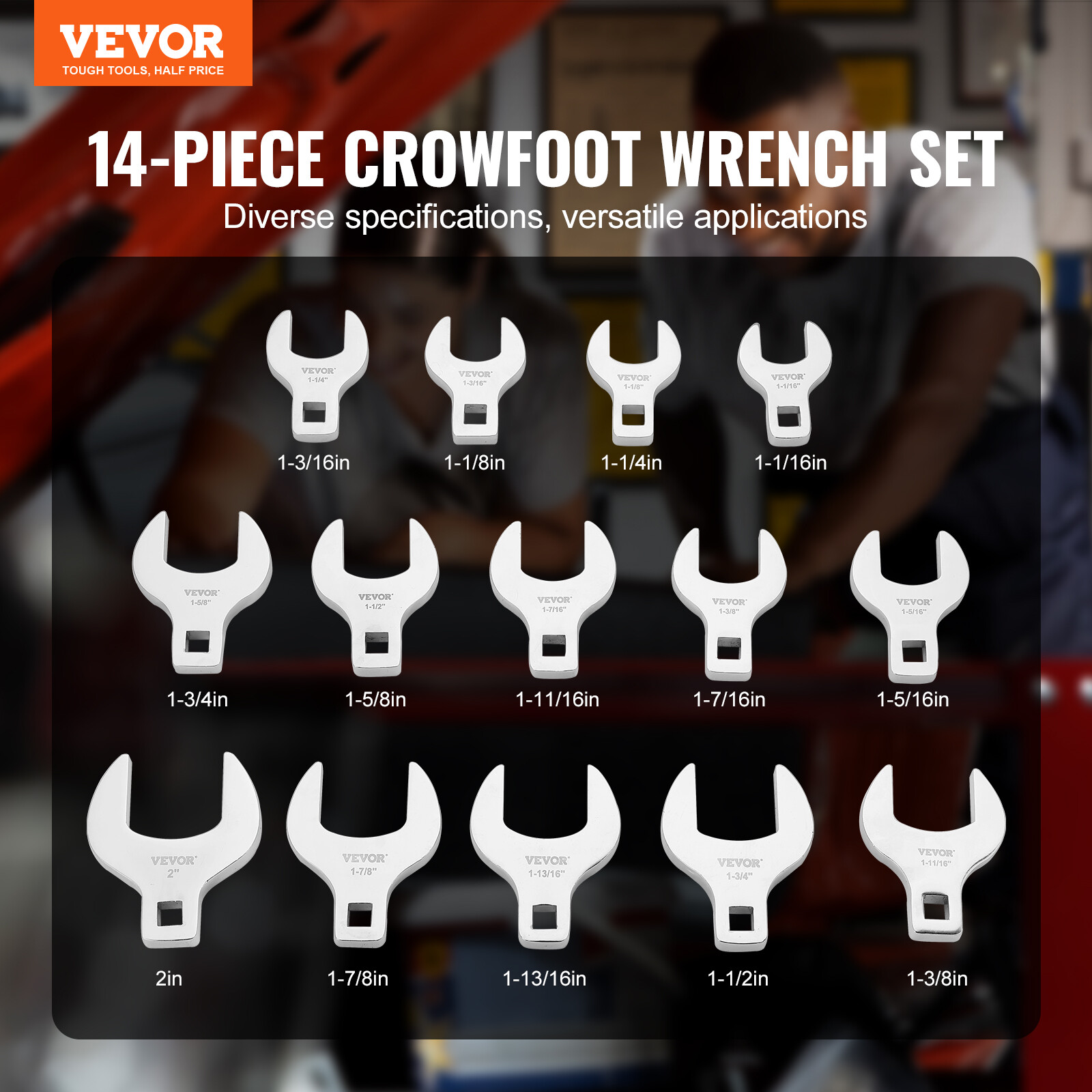 VEVOR Crowfoot Wrench Set 1/2" Drive 14-Piece Crows Foot Wrench Set SAE 40CR