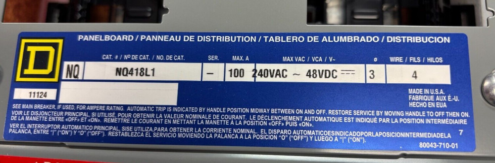 SQUARE D NQ418L1 PANELBOARD INTERIOR