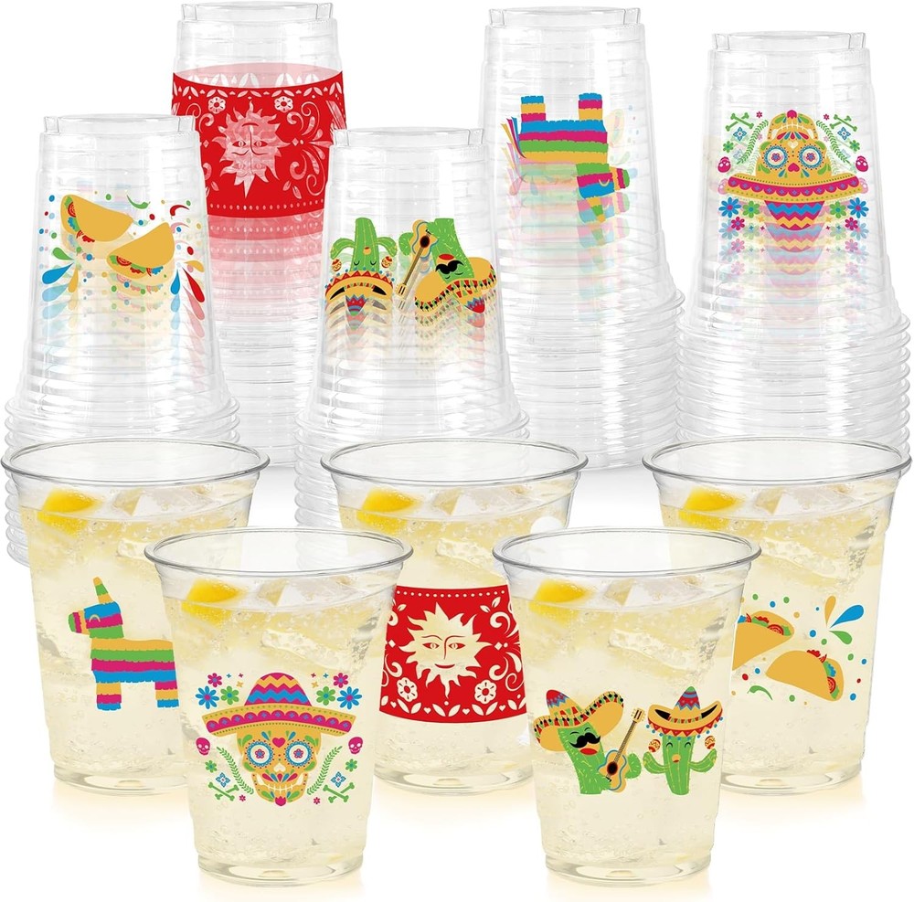 Fiesta Cups, Plastic Disposable Clear Mexican Cups Pattern Designs for