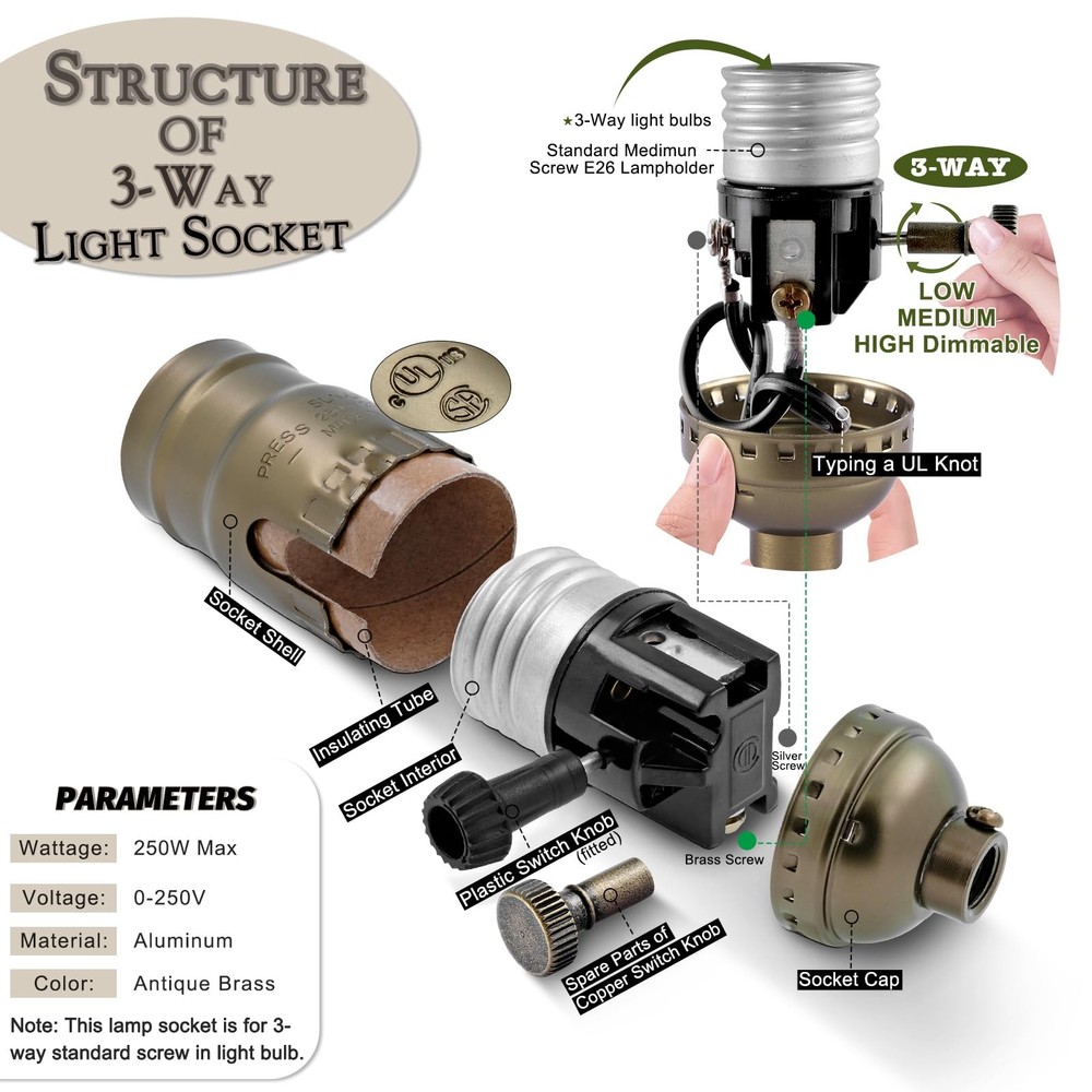 3 Way Lamp Socket with Twist Switch,E26 Standard Medium Screw Light Bulb Sock...