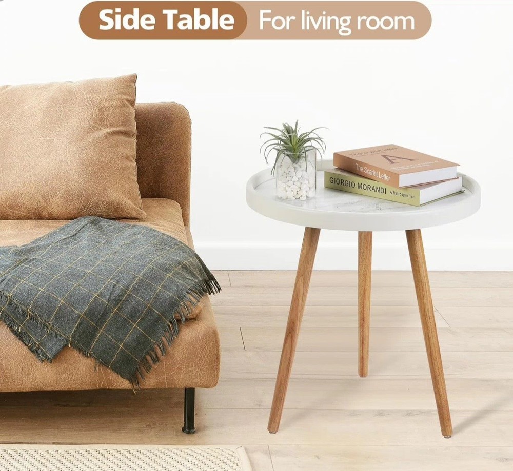 Round Side Table Set of 2,White Marble Pattern Tray Shaped Small End Table,Ci...