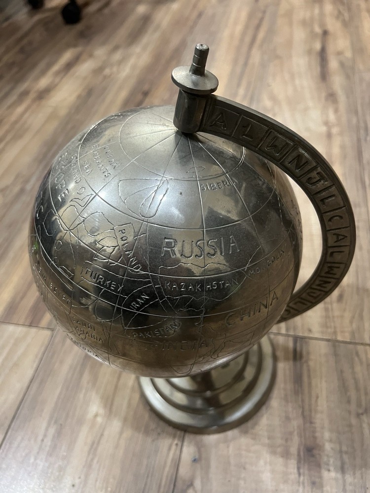 Large Globe, World Map Engraved in Chrome Silver Metal 13”