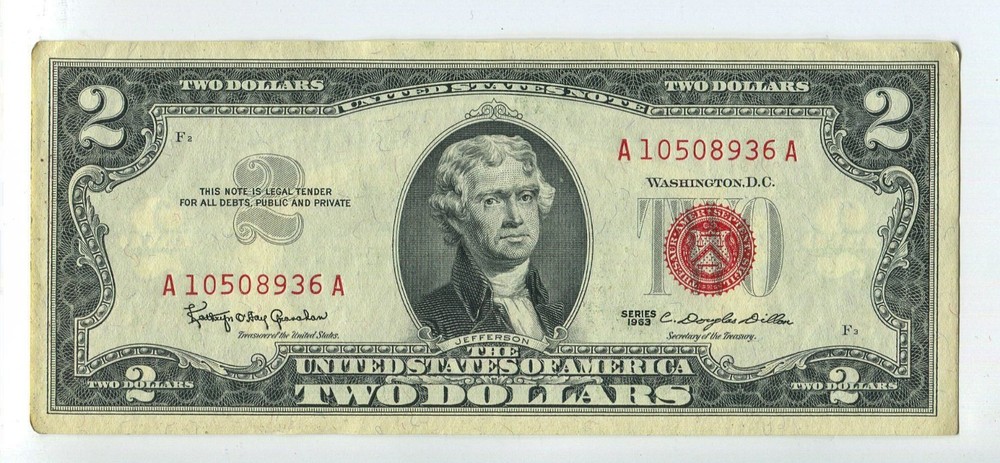 1963 $2 US Note Red Seal AU/UNC SM344
