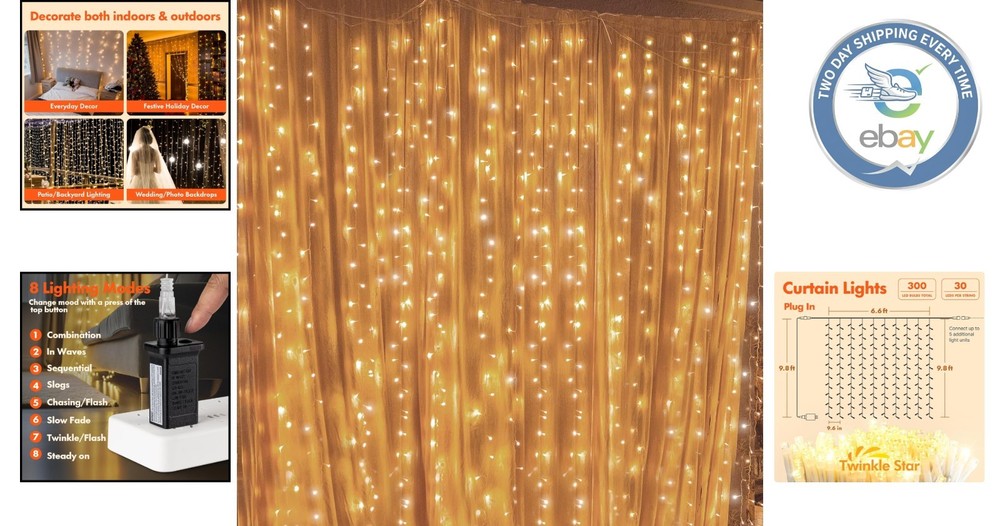 Versatile Waterproof LED String Lights - 300 Warm White, 8 Modes, Remote Control