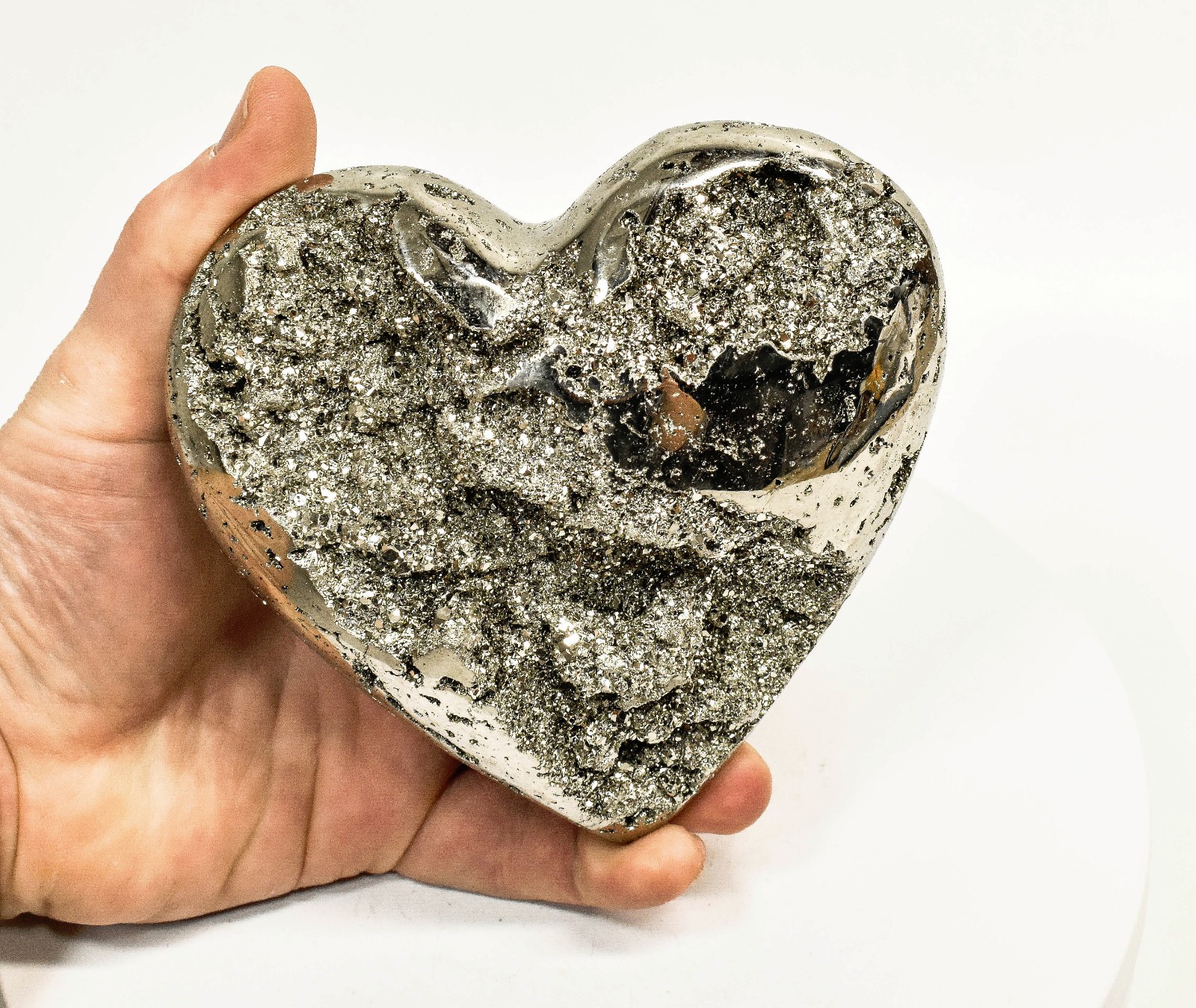 4.88" Polished PYRITE CRYSTAL HEART Carving Huanzala mine, Peru T705