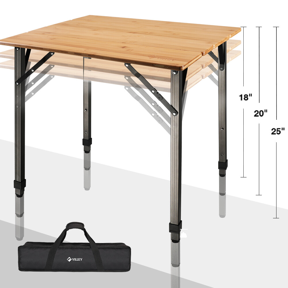 Portable Heavy Duty Camping Table Adjustable Height Bamboo Folding Table 176 lbs