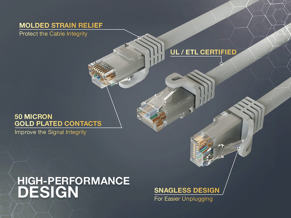 1ft Cat6a UTP 10G Ethernet Network Patch Cable Snagless 24AWG Bare Copper, Gray