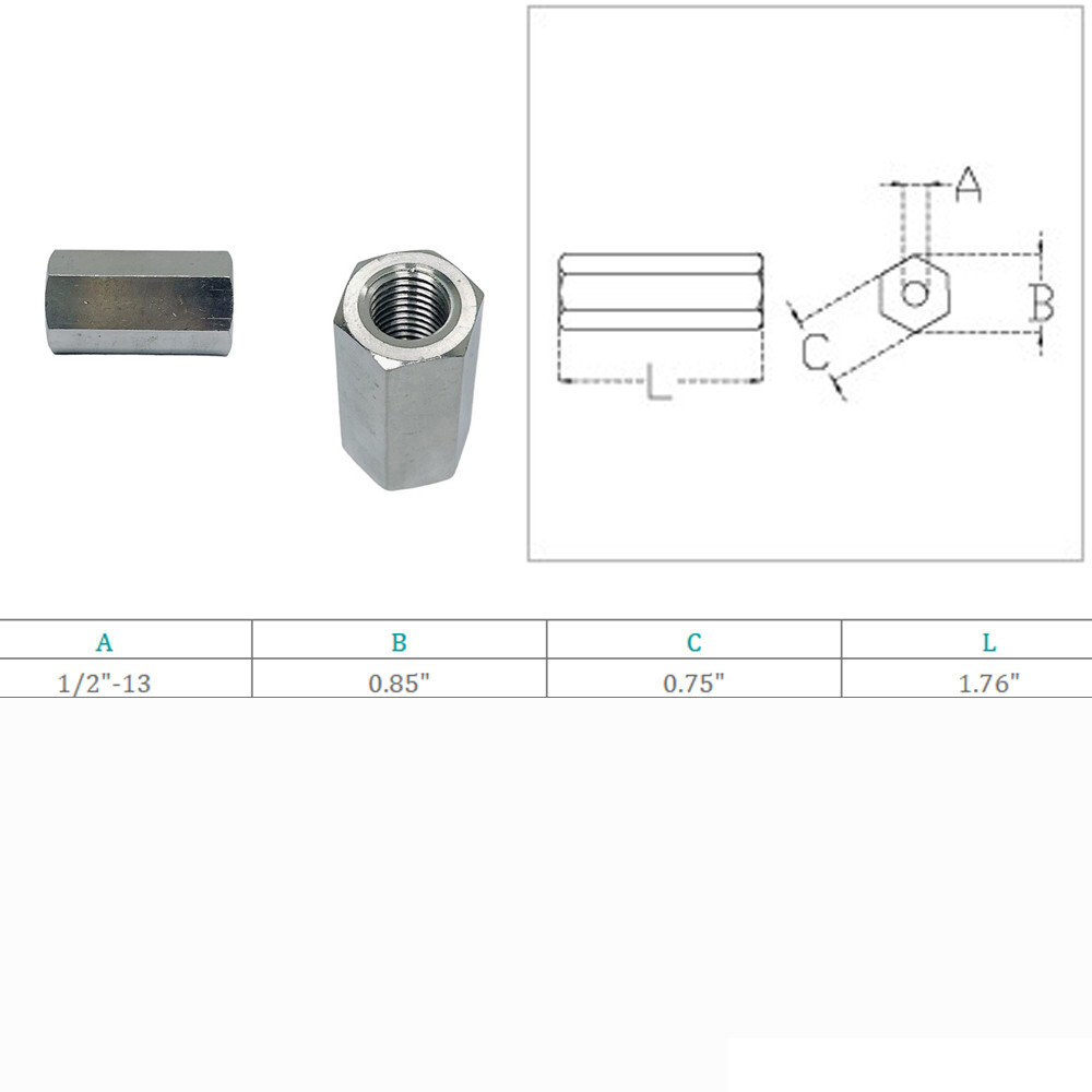 Marina Stainless Steel 1/2" Hex Coupling Nut Connecting Nut Fully Thread 4 PC