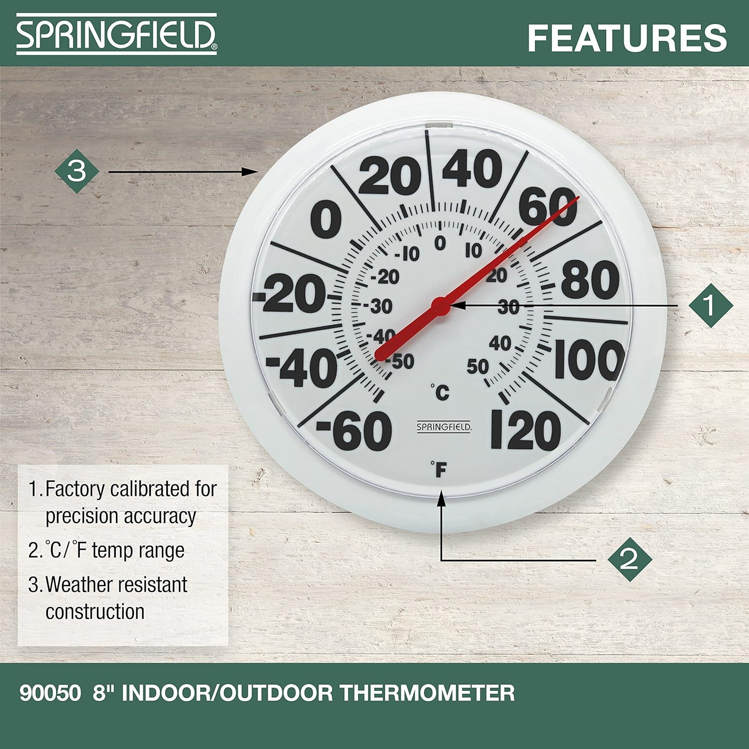 Springfield Indoor Outdoor Big and Bold Dial Thermometer, Wireless Thermometer w