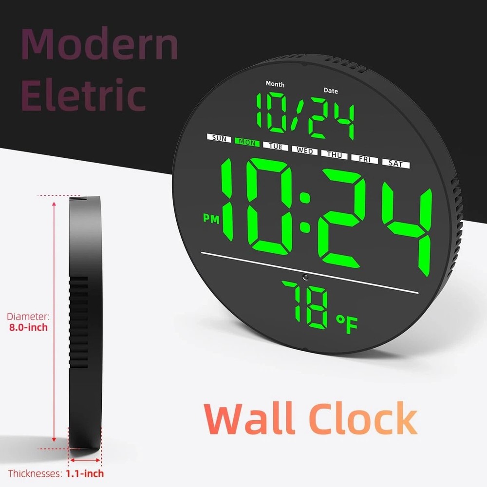 Digital Wall Clock with Large LED Display, Auto-Brightness, Temperature, Low-