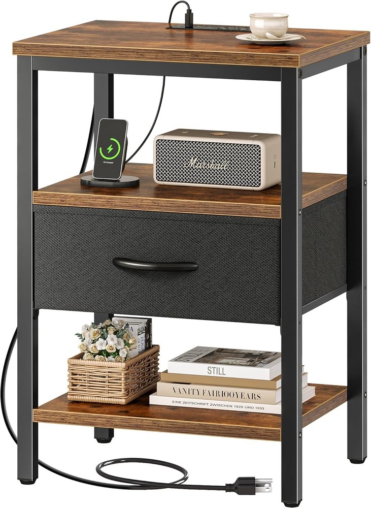 Nightstand W/ Charging Station Bed Side Table W/ Adjustable Fabric Drawer Night