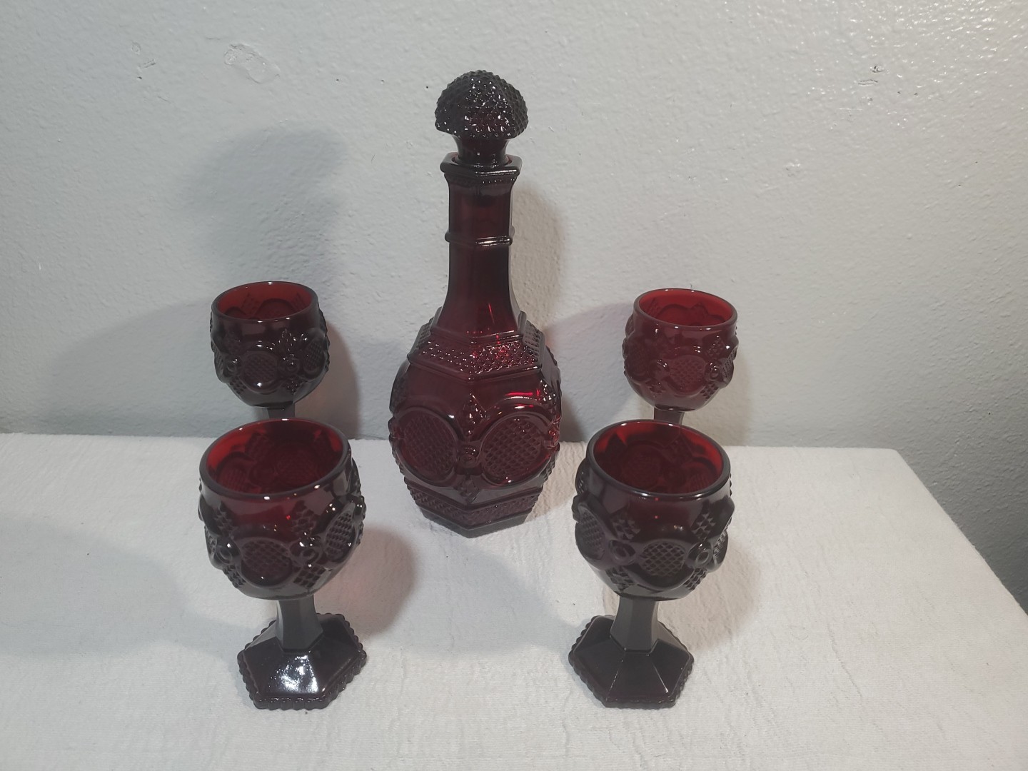 VTG Avon Decanter 4 Small Goblets 1876 Cape Cod Ruby Red Glass Victorian Gothic