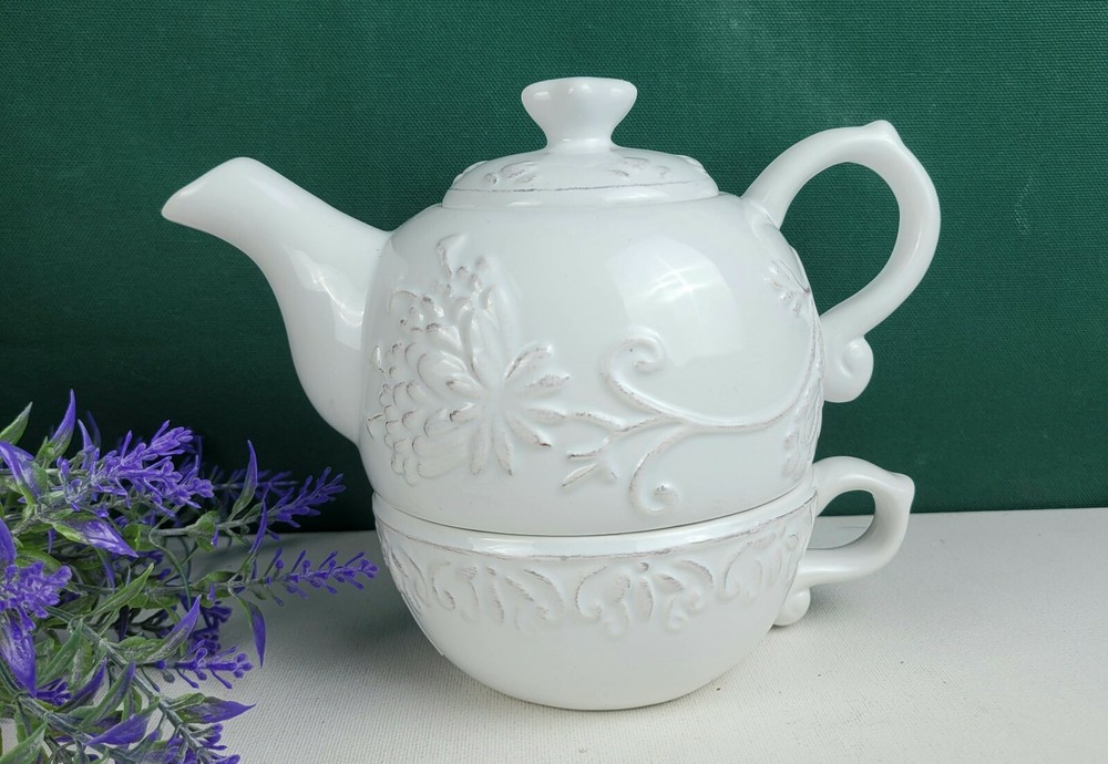 Dena Home Stackable Teapot + Cup - White Embossed Scroll/Floral