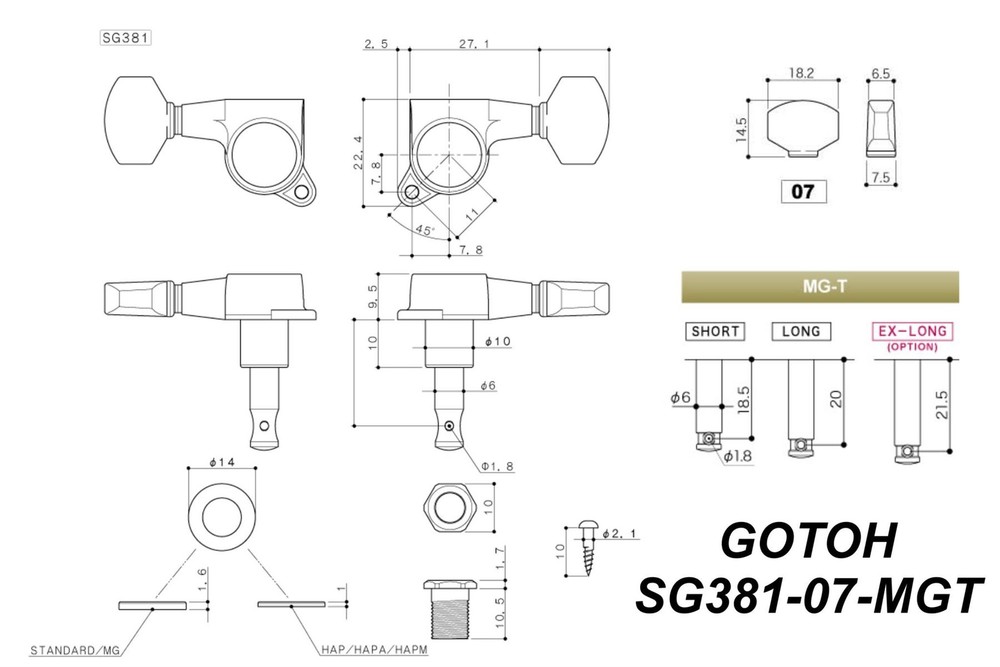 GOTOH SG381-07-MGT Locking Tuners w/ Small Knobs - Cosmo Black - 7L