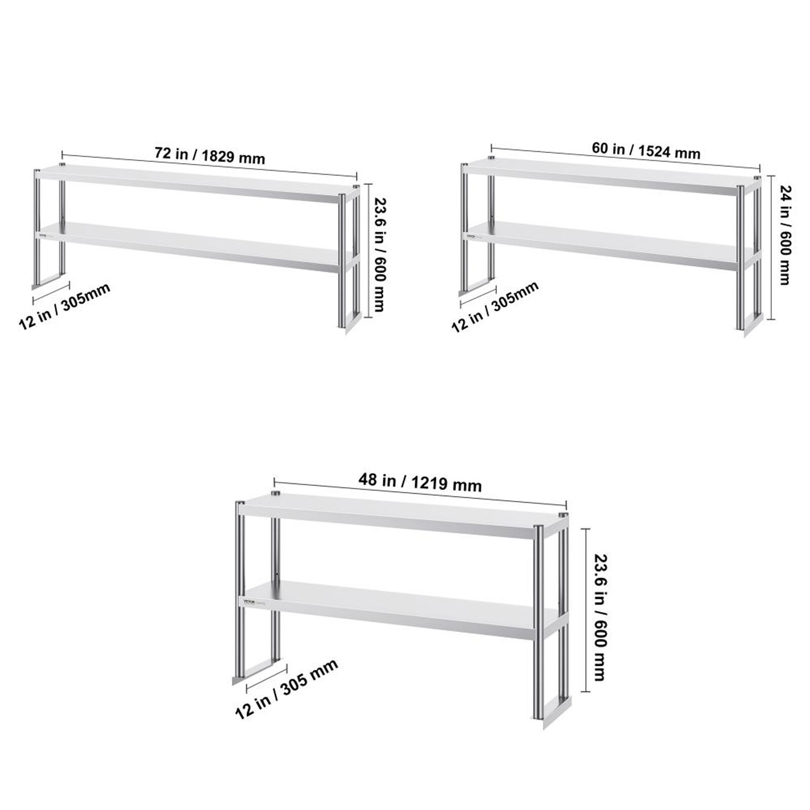 VEVOR Double Overshelf Stainless Steel Overshelf 12x60/48/72 in for Prep Table