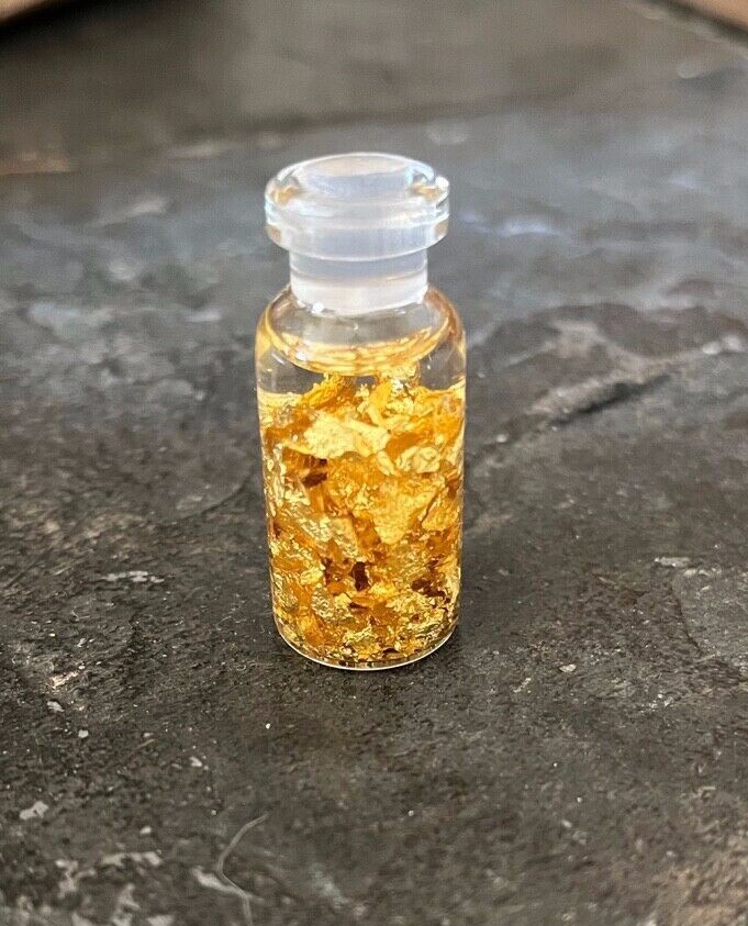 gold flakes in a bottle real gold pounded flat beautiful rich gold color 3 piece