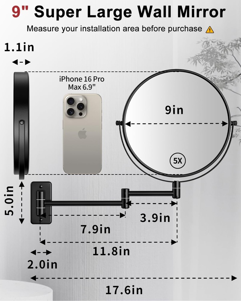 9" Large Size Wall Mount Magnifying Mirror, 1X/10X Magnification Double-Sided...