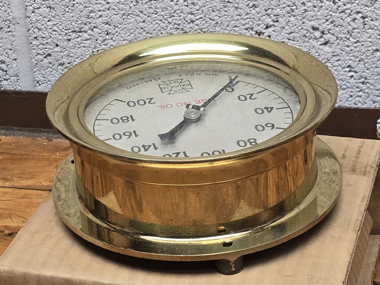 Vintage Industrial U.S. Gauge Co. 4-1/2" Brass 200PSI Steam Pressure Gauge NOS