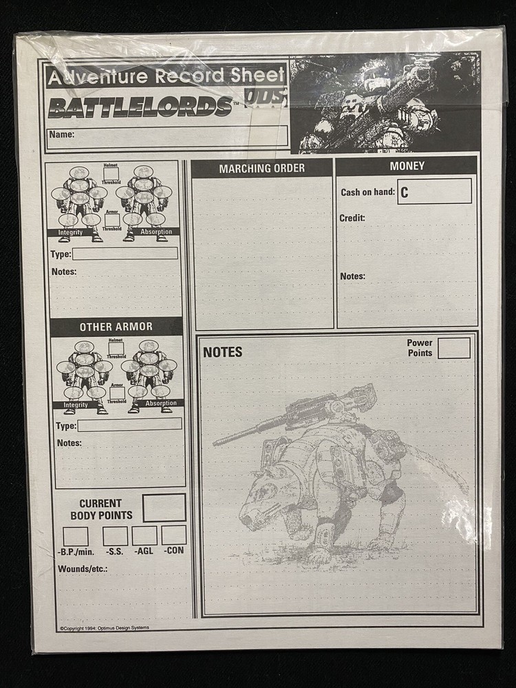 Battlelords Adventure Record Sheet Rock & Roll Unused