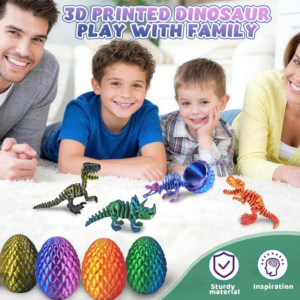 4PCS 3D Printed Dinosaur Easter Egg, Cool 3D Printer Dinosaur Fidget Toys for...
