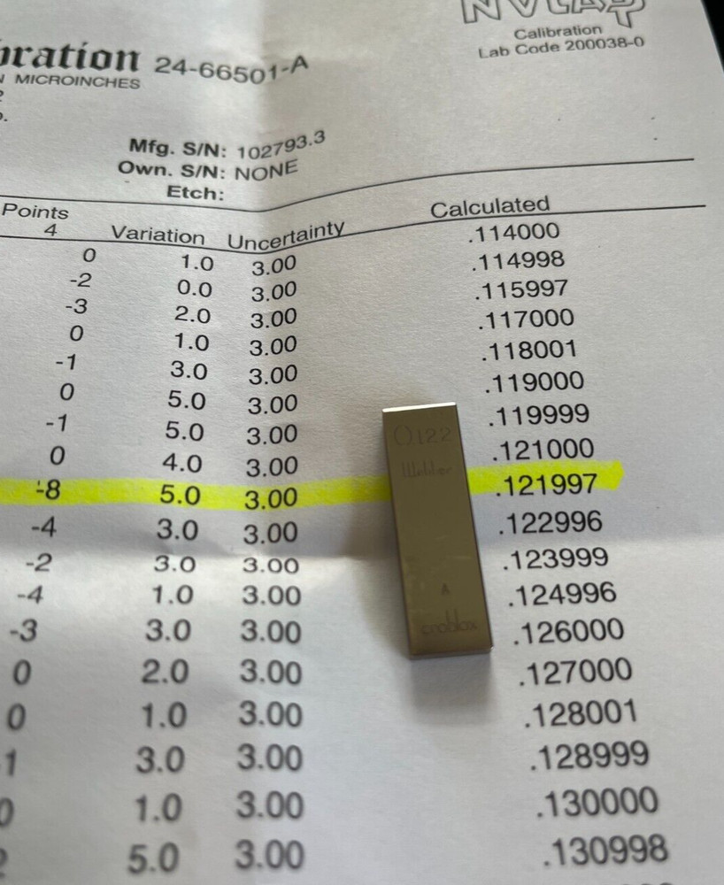 .122" Starrett-Webber Gage Block with certification