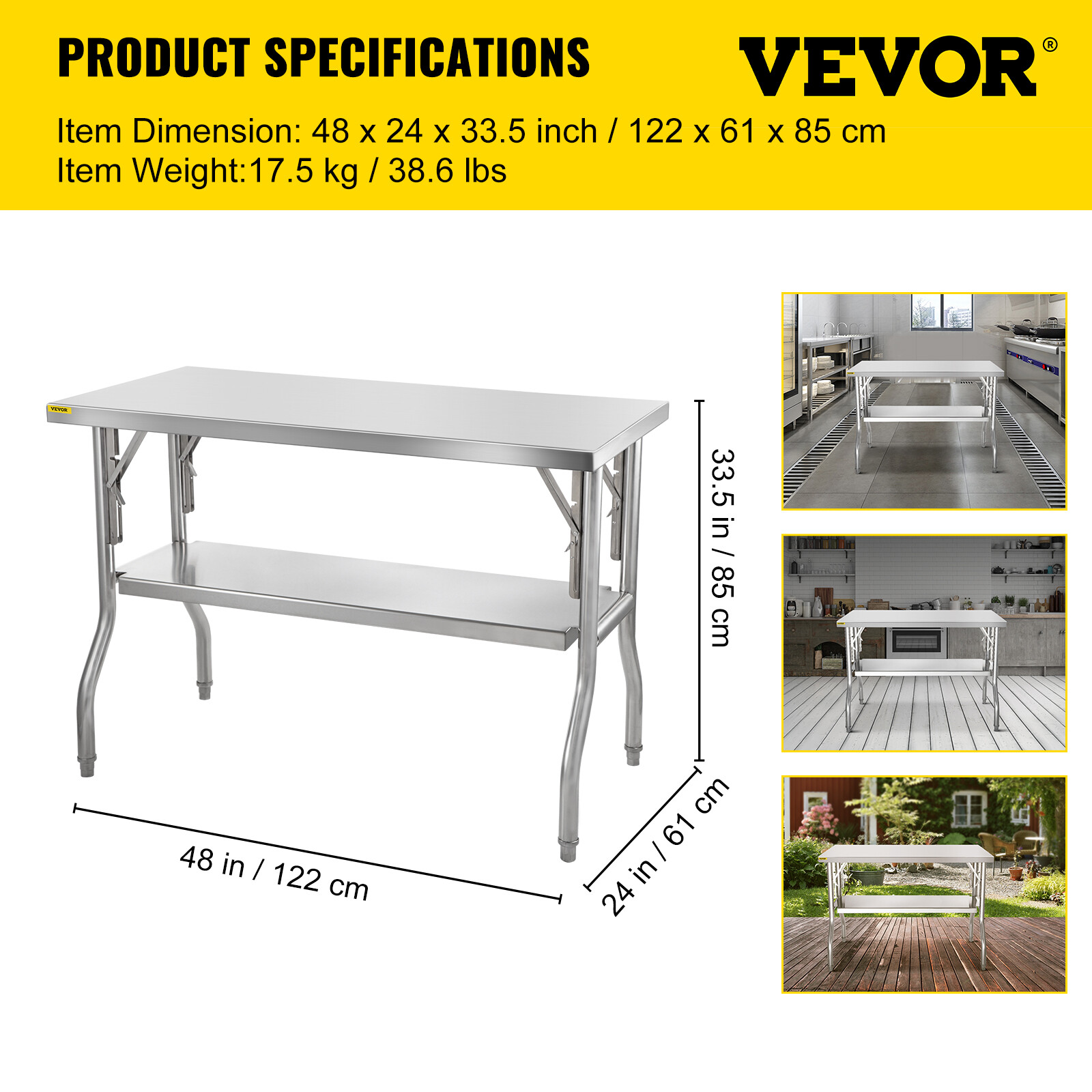 VEVOR Commercial Stainless Steel Folding Work Prep Tables Open Kitchen 48x24 In