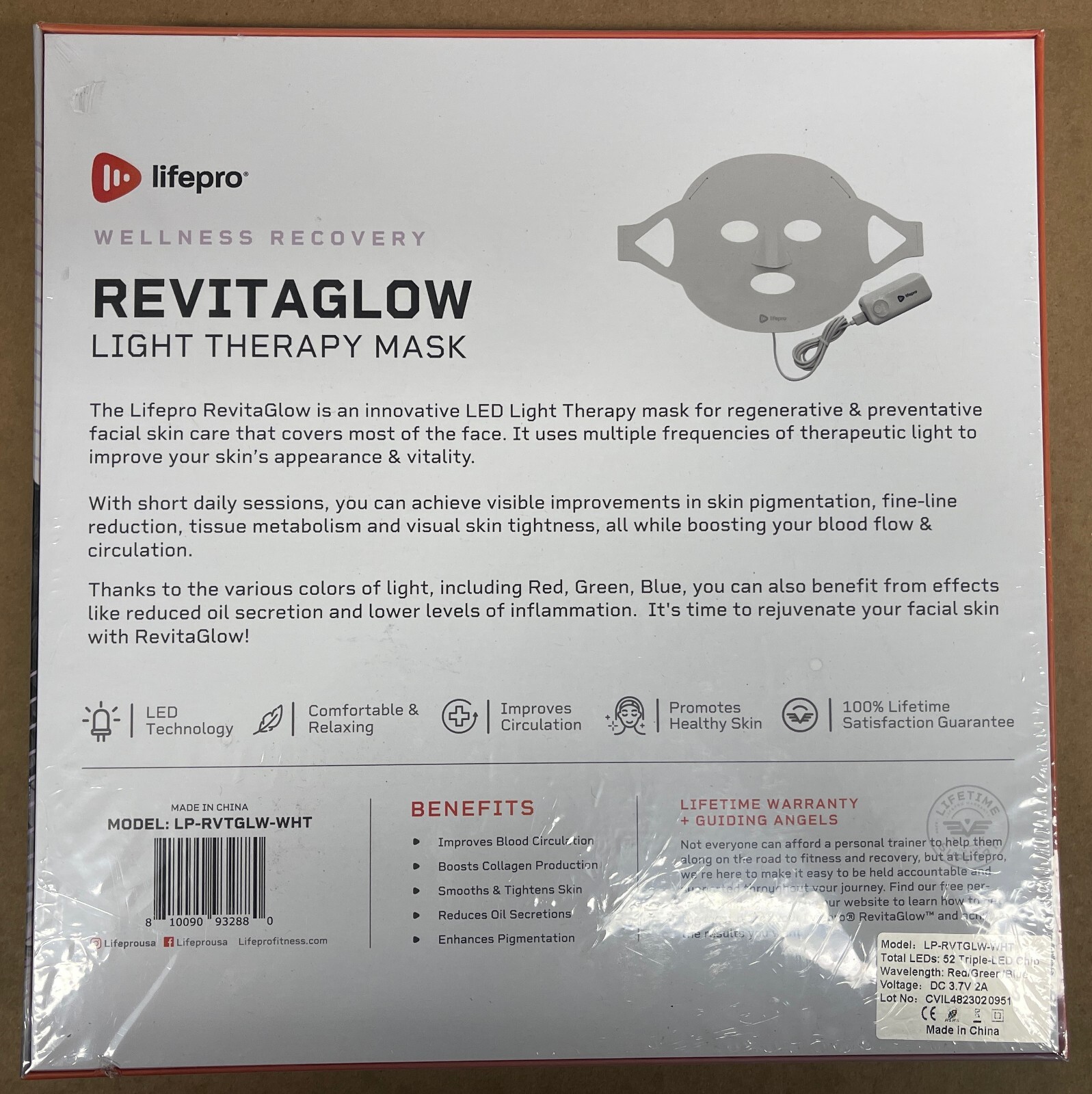 New in Box 1-pc LifePro Revitaglow Light Therapy Mask Wellness Recovery RGB LED