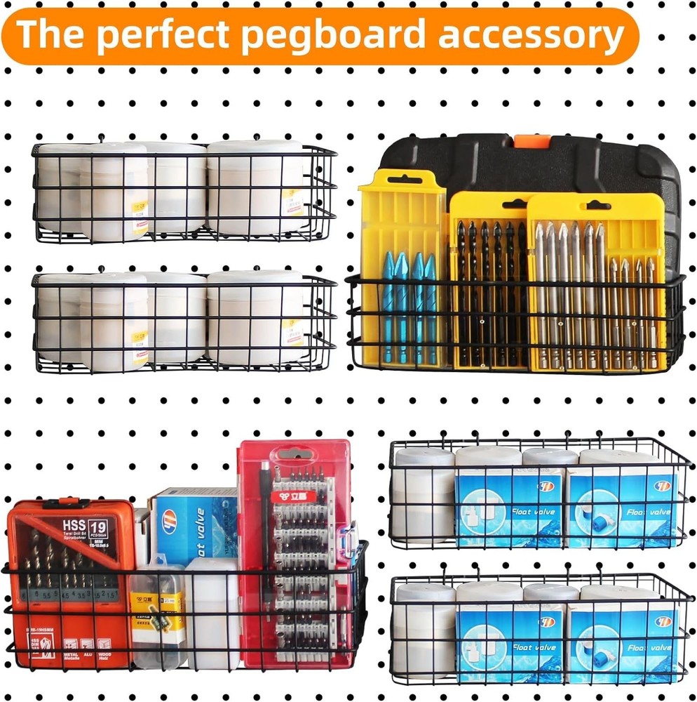 4 Pack Pegboard Baskets Hooks Set, Square Style 4 Size Peg Board Organizer Ba...