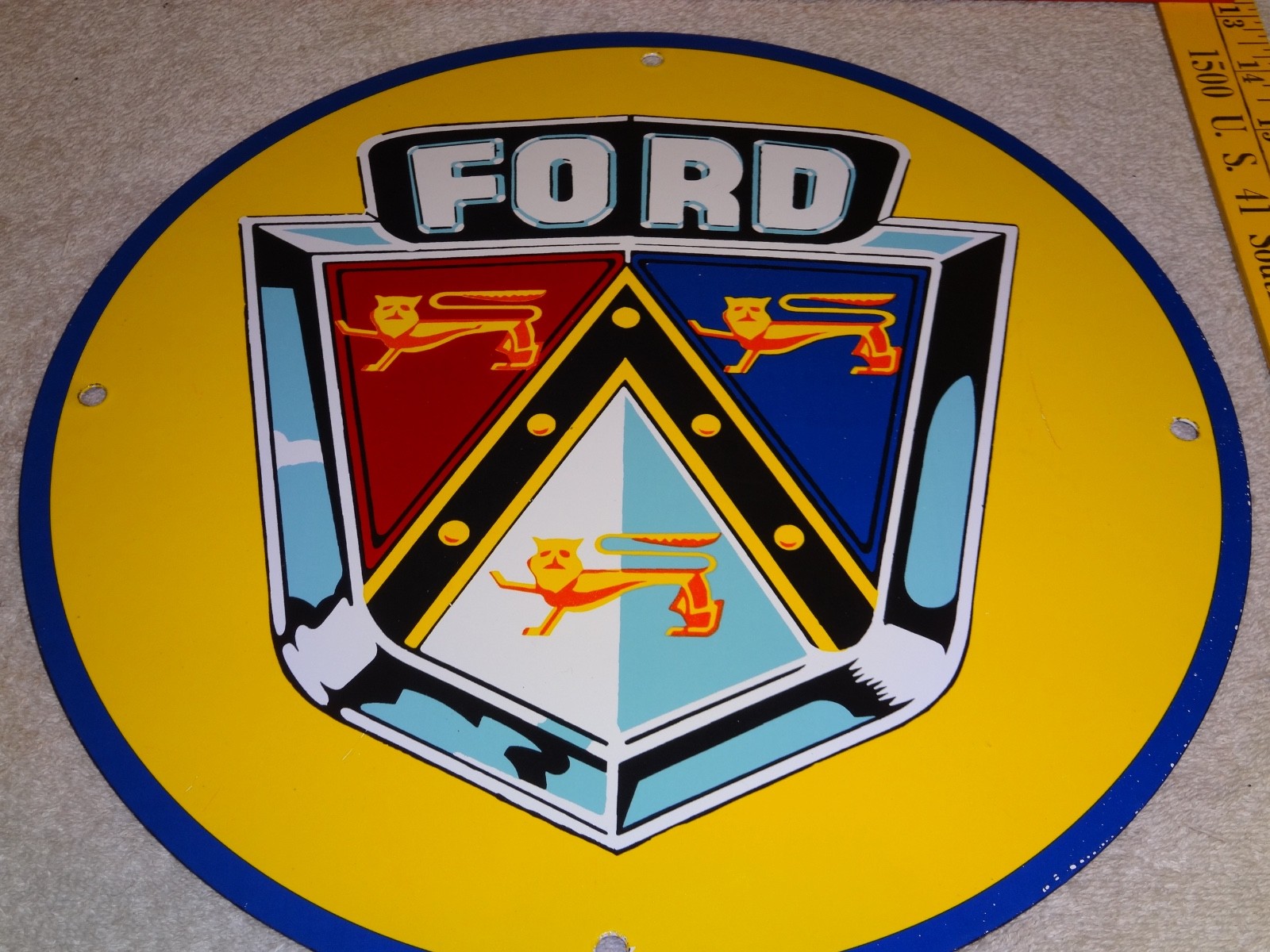 VINTAGE FORD MOTOR CO. JUBILEE LION PORCELAIN METAL CAR TRUCK GASOLINE OIL SIGN!