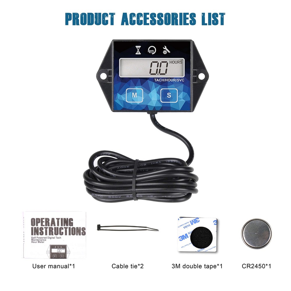 Runleader Small Engine Hour Meter, Digital Tachometer, Maintenance Reminder,